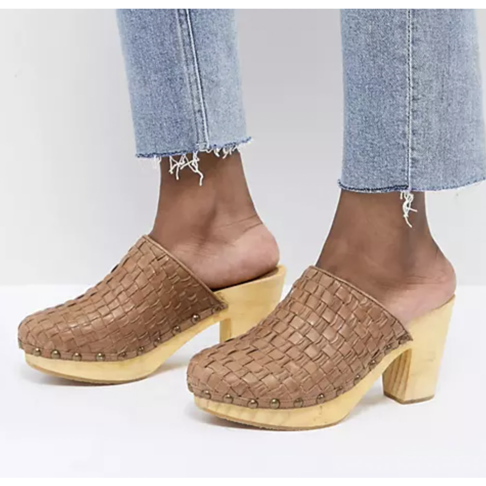 Free People Adelaide Tan Woven Leather Platform Clogs Mules Size 37